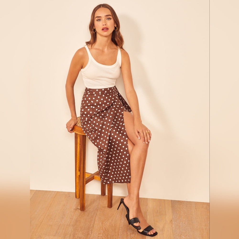 Reformation Florence linen wrap skirt in brown polka dot